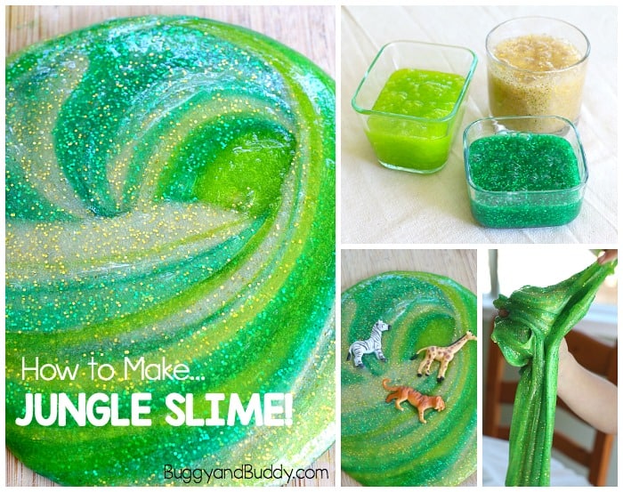 How to Make Jungle Slime- a simple, basic slime recipe perfect for a jungle, rainforest, or African savannah unit. Messy, sensory play fun! ~ BuggyandBuddy.com