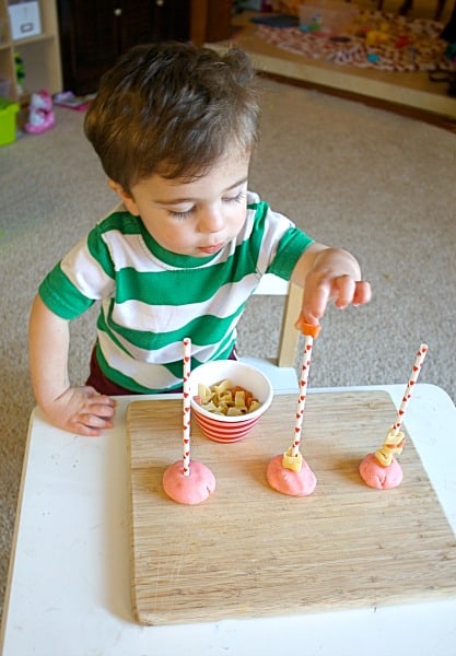 Toddler Activity~ Stacking Pasta on Straws