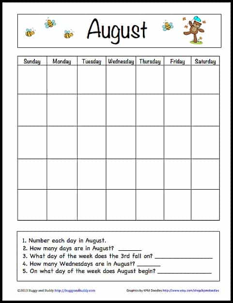 August learning calendar printable for kids