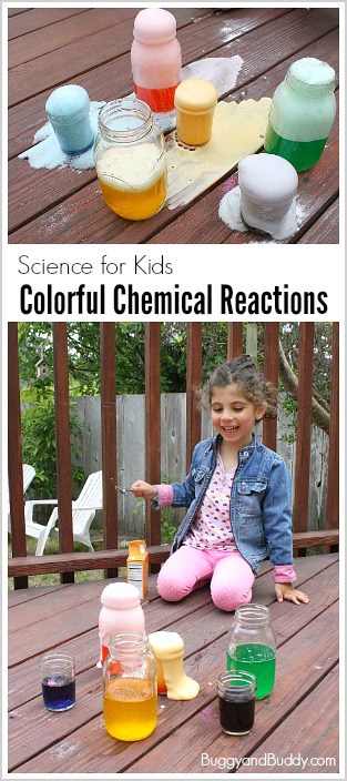 Hands-On Science Activity for Kids: Chemical reactions with baking soda and vinegar! (A fun way to explore color mixing too!) ~ BuggyandBuddy.com