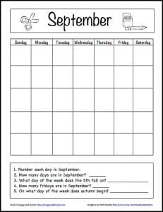September Learning Calendar: Free Printable from Buggy and Buddy