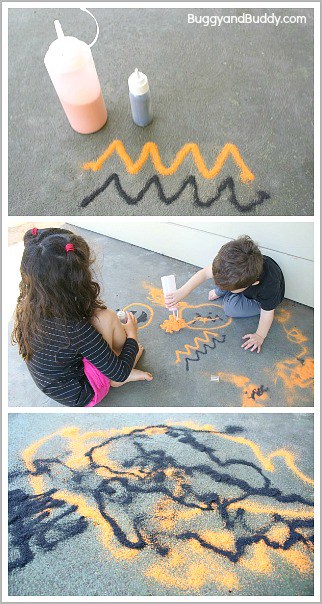 Halloween Process-Based Art- Draw with orange and black sand outside!~BuggyandBuddy.com