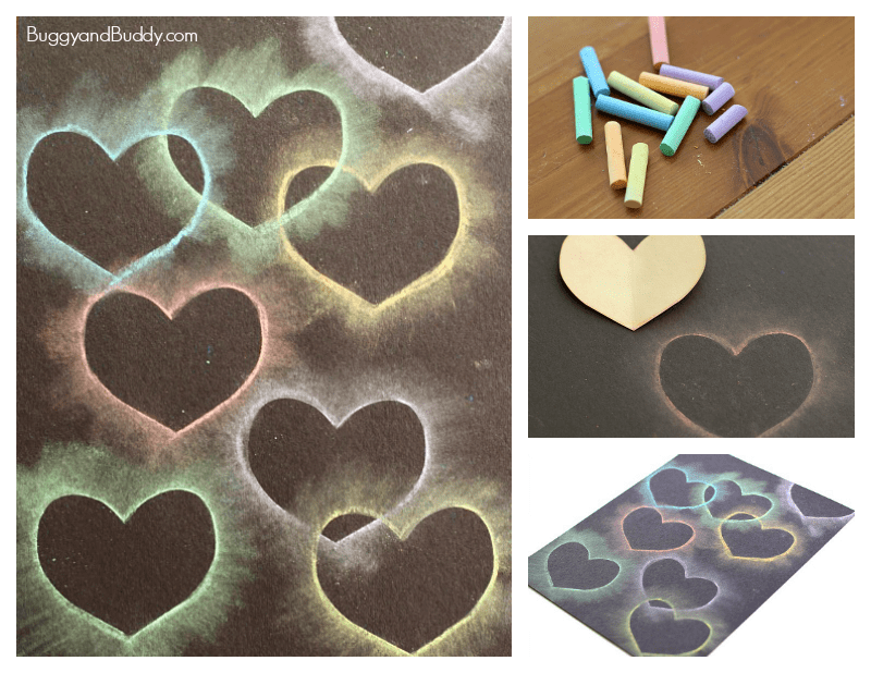 heart collage for kids using chalk and stencils