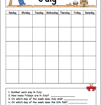 July Calendar for Kids (Free Printable)