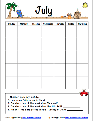July Calendar for Kids (Free Printable)~ Buggy and Buddy