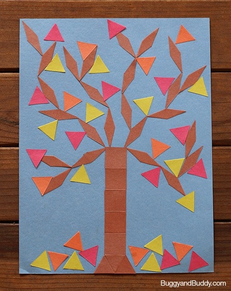 fall crafts for kids: create fall trees using paper shapes~ BuggyandBuddy.com