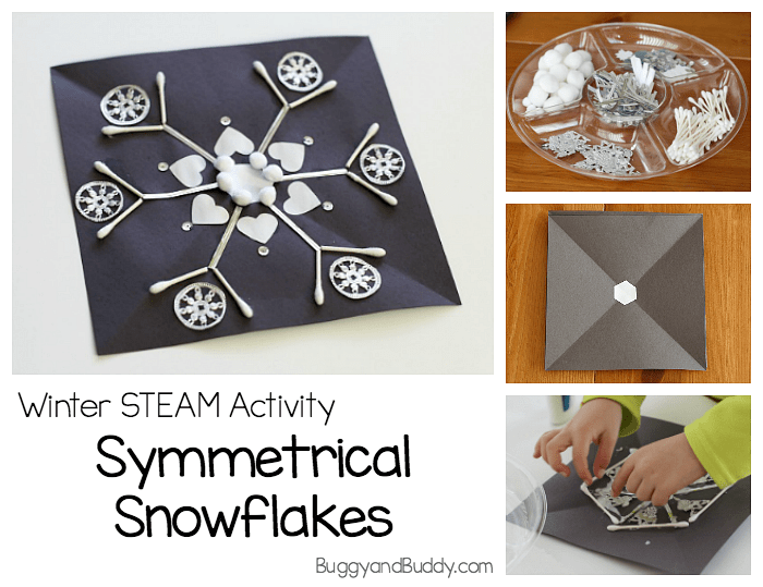 Winter STEAM Activity: Make symmetrical snowflakes craft for kids