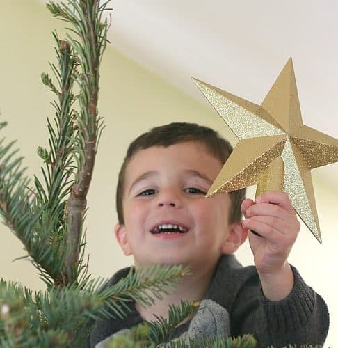 hanging the star on top of the Christmas tree