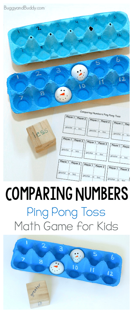 Comparing Numbers Math Game for Kids using ping pong balls and egg carton! Fun number and gross motor game for kids with a free printable recording sheet. Make it winter themed by drawing snowman faces on your ping pong balls! ~ BuggyandBuddy.com