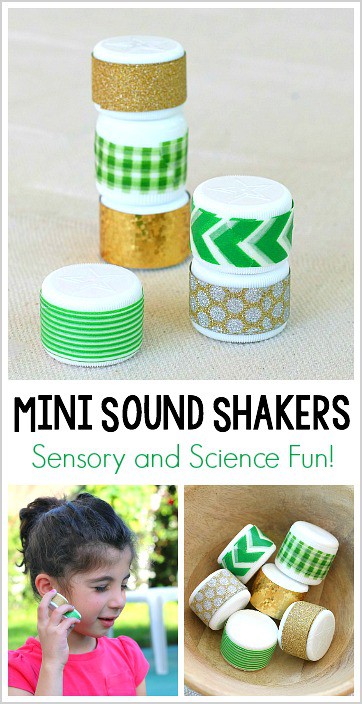 Science and Sensory Play for Kids: Mini Sound Shakers! These easy to make sound shakers are perfect for exploring sound, playing gross motor games and more!