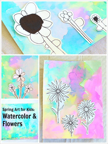 Flower Drawings on Watercolor Backgrounds (Spring Art Project for Kids)~ BuggyandBuddy.com