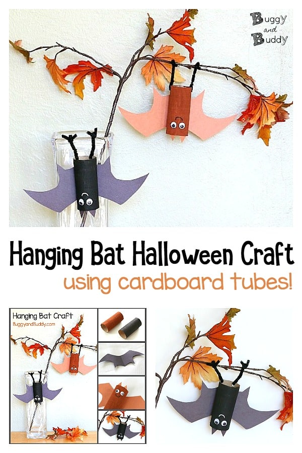 hanging bat craft for kids for halloween using cardboard tubes or toilet paper rolls
