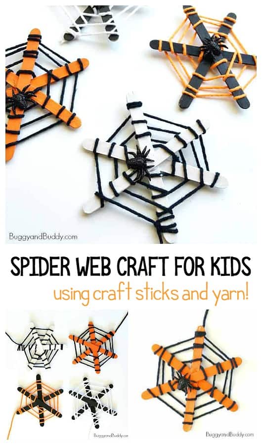 Spider web craft for kids using craft sticks and yarn for Halloween