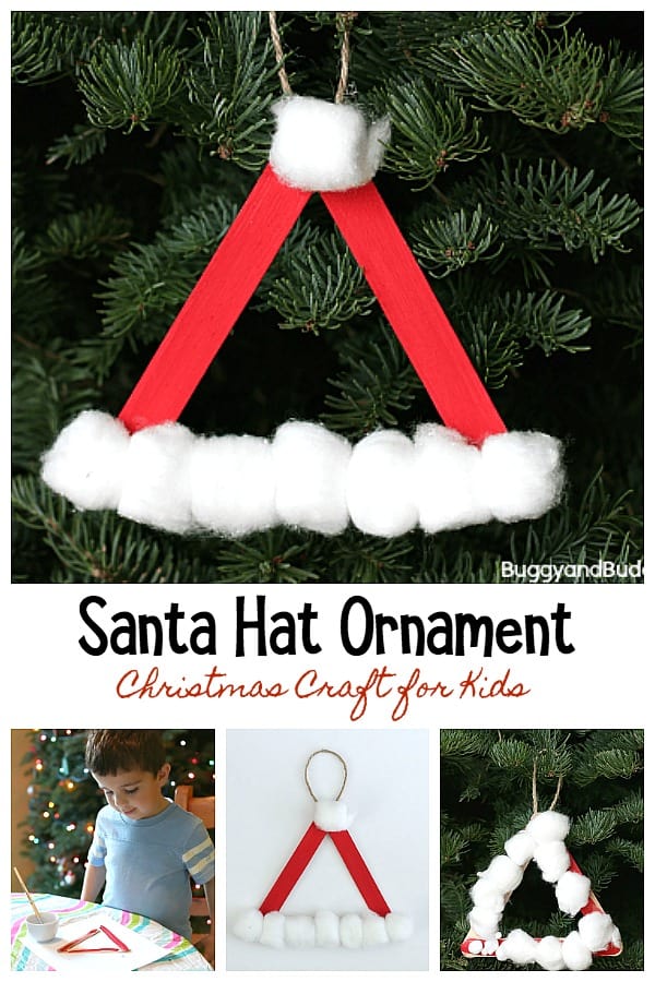 santa hat ornament craft for kids using craft sticks and cotton balls- perfect for preschoolers and toddlers