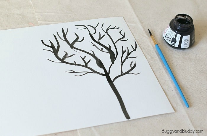 paint a winter tree using black india ink