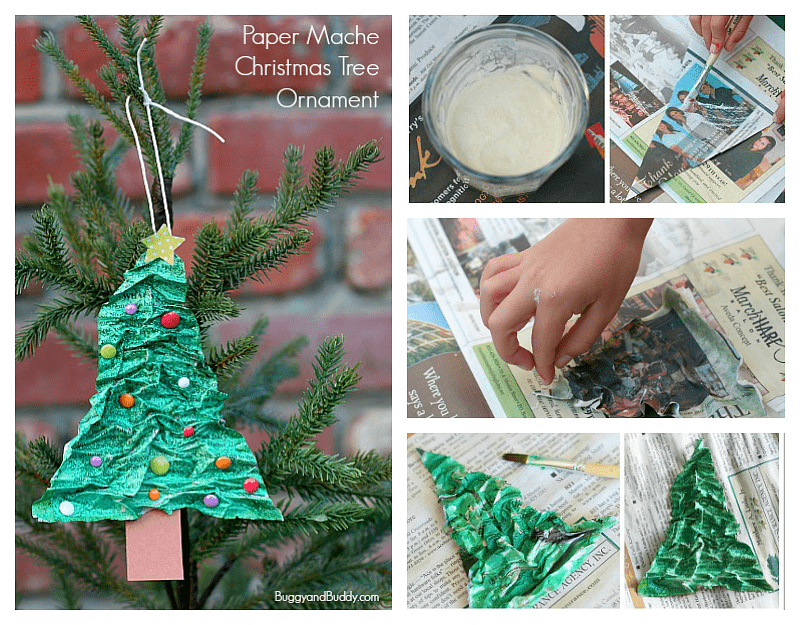 Easy paper mache Christmas Tree Ornament craft for kids using newspaper
