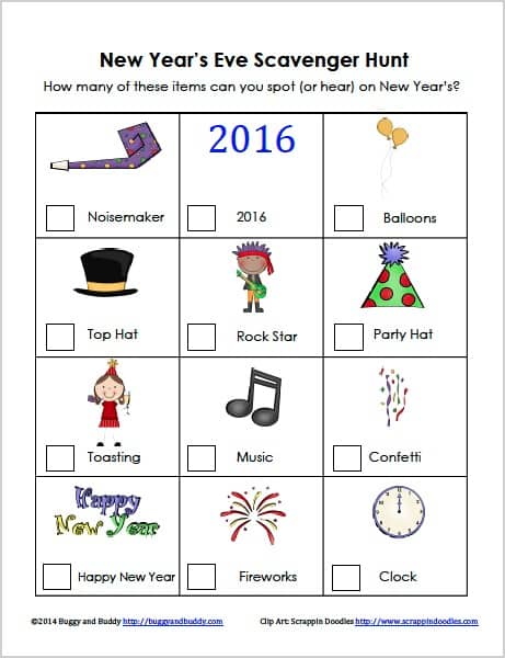 New Year's Eve Scavenger Hunt for Kids (FREE Printable)- Great for parties or for watching the ball drop on t.v! ~ BuggyandBuddy.com