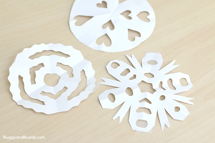 cut out paper snowflakes for this rainbow science experiment for kids