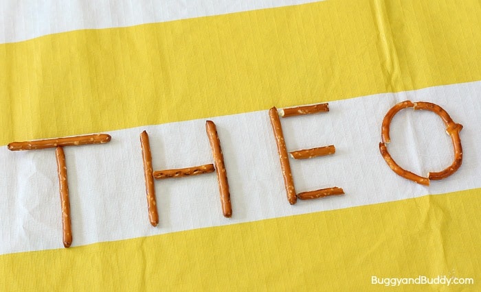 preschool name practice using pretzels 
