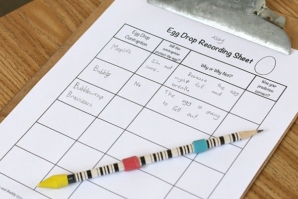 egg drop project- free prediction recording sheet for elementary students