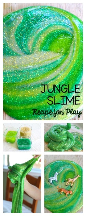 How to Make Jungle Slime- a simple, basic slime recipe perfect for a jungle, rainforest, or African savanna unit. Messy, sensory play fun! ~ BuggyandBuddy.com