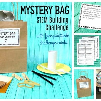 mystery bag STEM design challenge for kids using recyclables with free STEM challenge cards