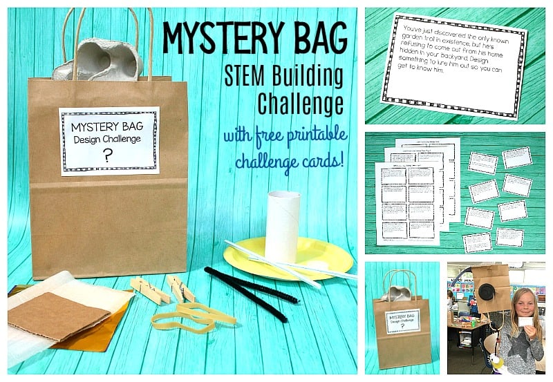 mystery bag STEM design challenge for kids using recyclables with free STEM challenge cards