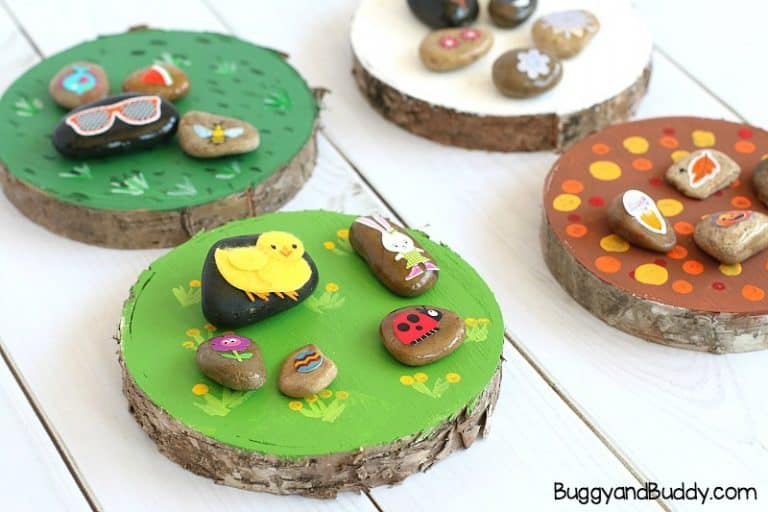 sorting seasons activity for preschool using stones or rocks and other natural materials
