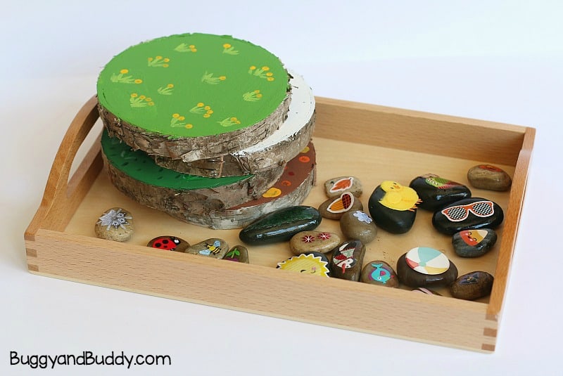 sorting seasons activity for preschool using stones or rocks and other natural materials