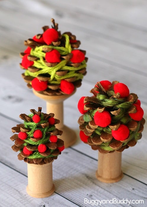 Yarn-Wrapped Pinecone Apple Tree Craft for Kids