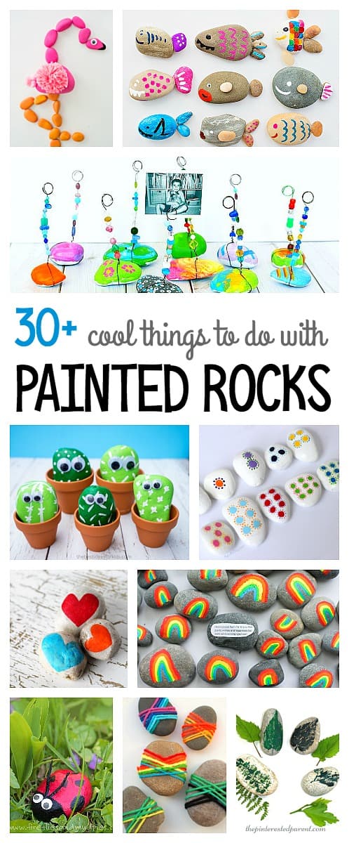 Over 30+ cool ways to use painted rocks- lots of fun rock crafts for kids including rock photo holders, rock animals, pet rocks and more! 