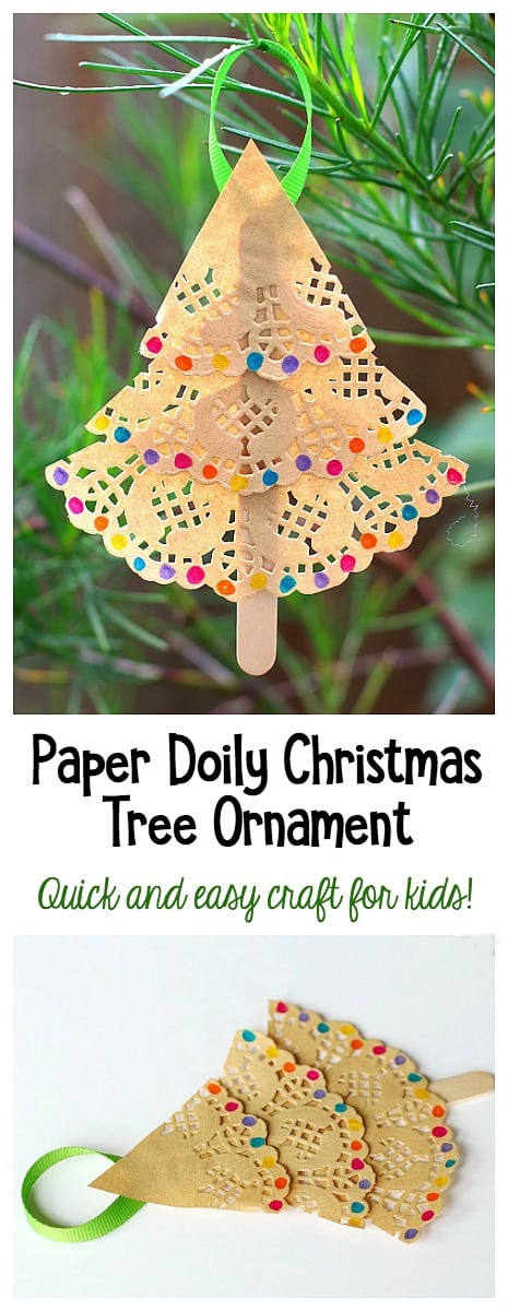 Easy Christmas Craft for Kids: Christmas Tree Ornament using paper doilies and popsicle stick