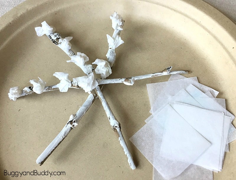 Twig Snowflake Craft for Kids using tissue paper