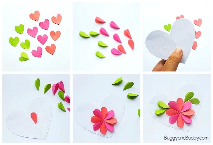 how to make a flower card using paper hearts