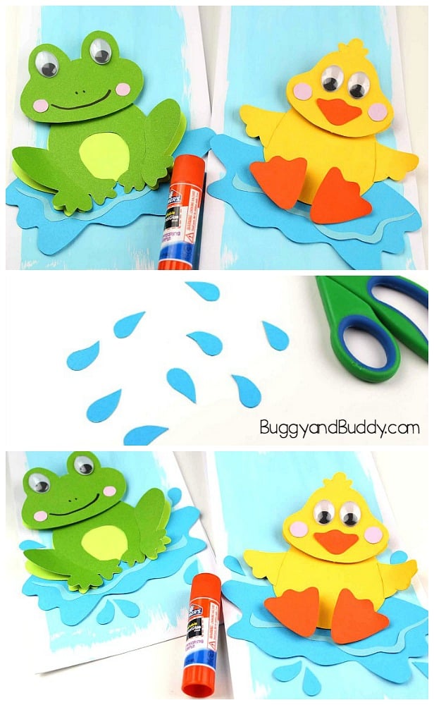 Cut out some water drops. Glue all the pieces onto your painted paper. Add your frog and duck to the pond background.