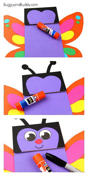 glue your wings, antennae and face onto your paper bag butterfly puppet