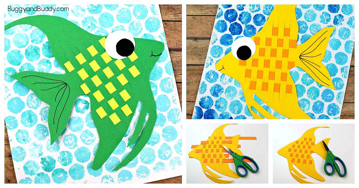 Woven Strip Paper Angelfish Craft for Kids with bubblewrap printed background and free fish template