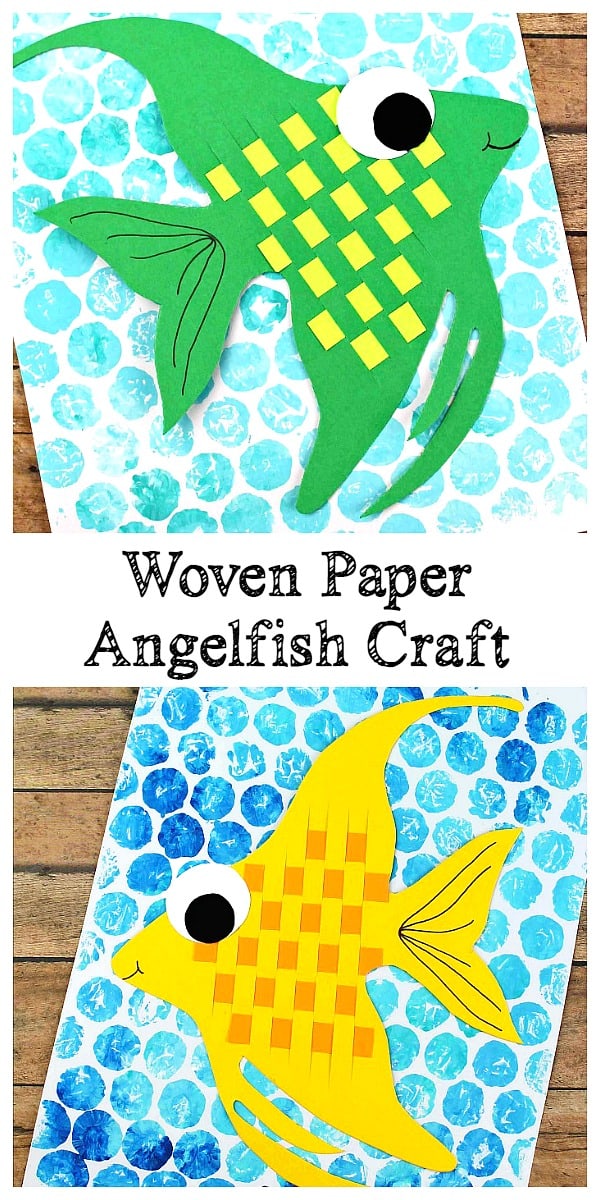 Woven Strip Paper Angelfish Craft for Kids with bubblewrap printed background and free fish template