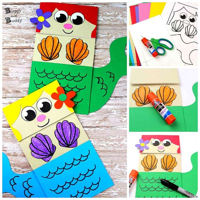 Mermaid Paper Bag Puppet Craft for Kids with free printable PDF mermaid template 