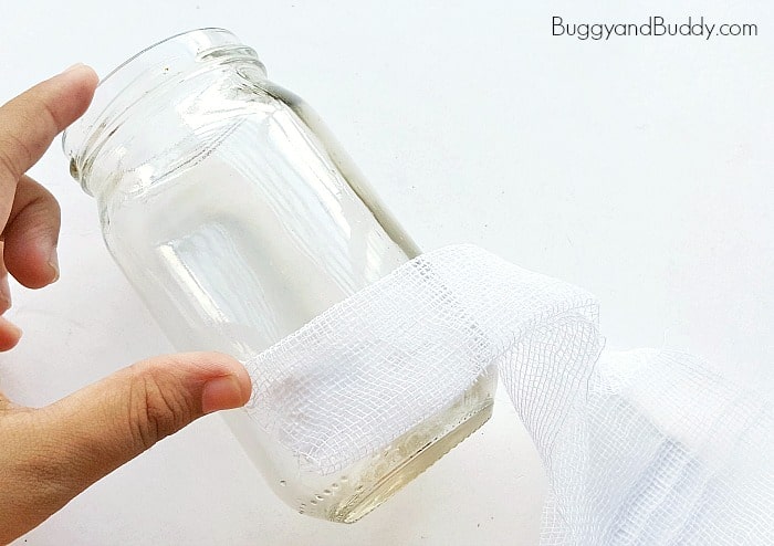 begin wrapping your gauze around the jar to make your mummy lantern craft