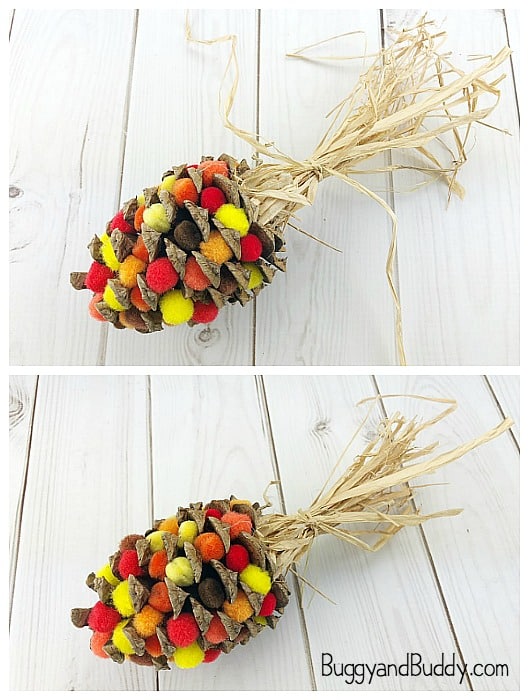 raffia topped pinecone indian corn craft for thanksgiving