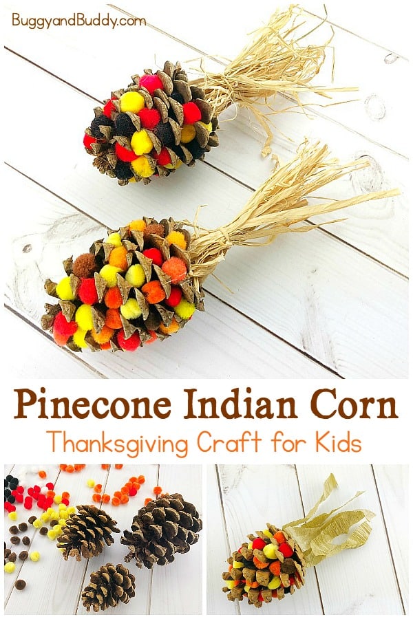 pinecone indian corn craft for kids for thanksgiving