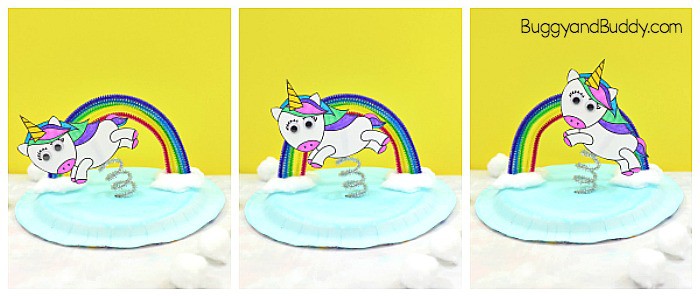 Paper Plate Flying Unicorn and Rainbow Craft with free printable unicorn template
