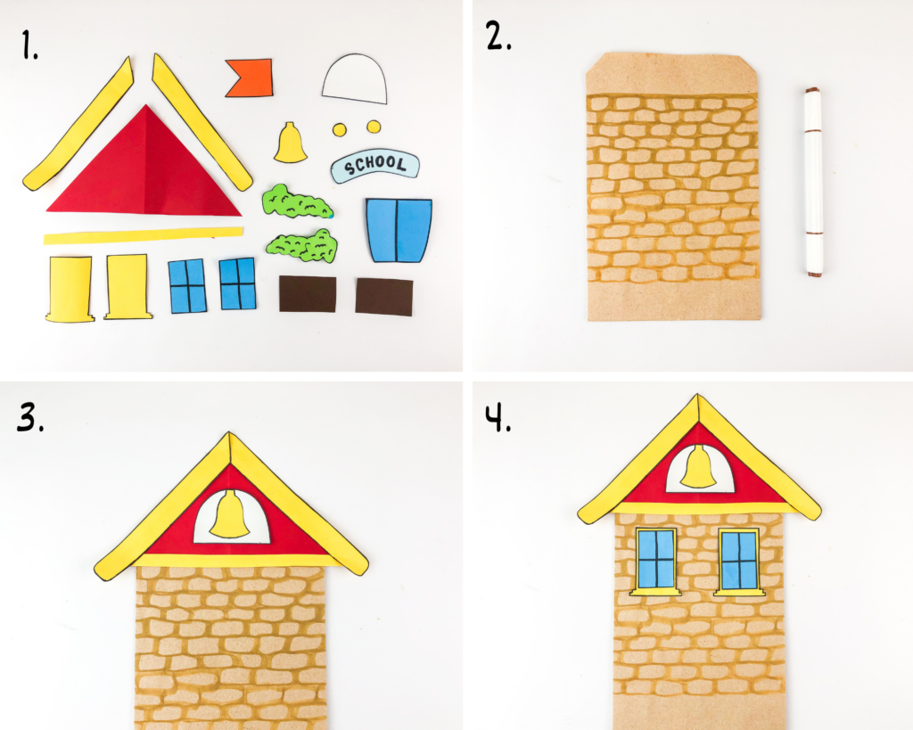 Steps 1-4 for creating the paper bag school house craft